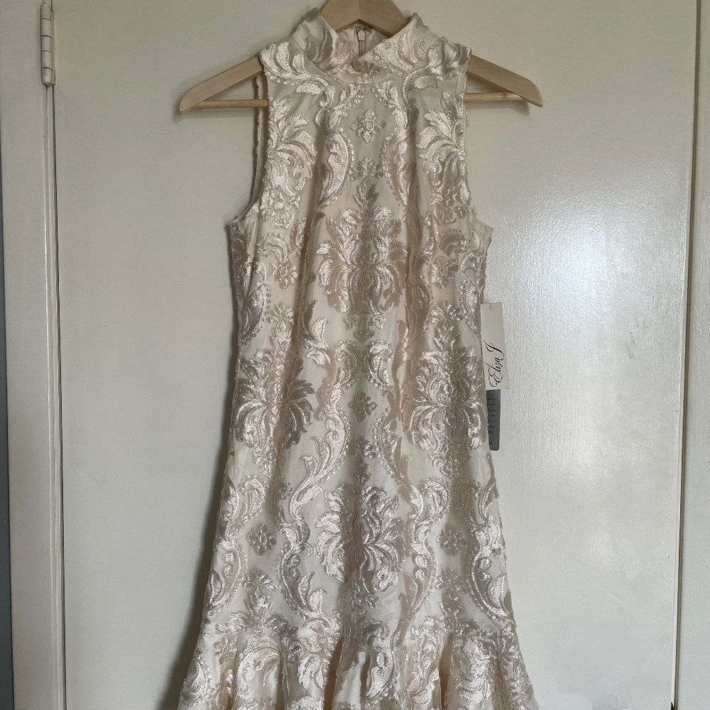 NEW WITH TAGS Eliza J Ivory Velvet Embossed Mock Neck Dress | Size 2